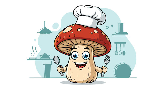 Cheerful mushroom character wearing a chef hat holds a spoon and fork while standing in a detailed kitchen setting.