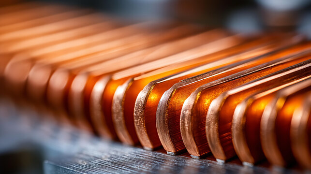 Macro view of copper heat sink fins in a cooling system showcasing industrial metal texture and precision engineering concept, defocused background, with copy space