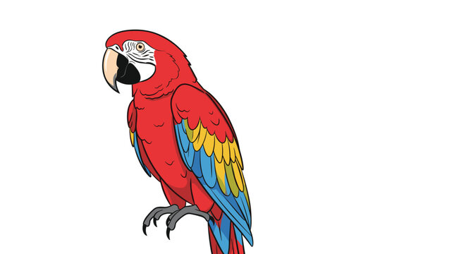 Stunning scarlet macaw parrot with vibrant red, yellow, and blue feathers is perched alone in a side profile view.