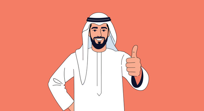 Confident Arab man wearing traditional white thobe and ghutra gives a positive thumbs up sign against a plain background.