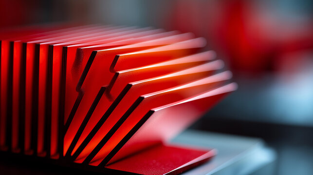 Red anodized aluminum heat sink fins for electronic cooling close-up, industrial hardware and technology concept, defocused background, with copy space