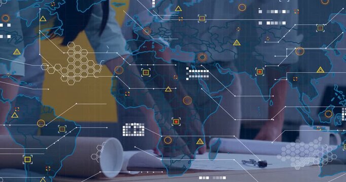 Pointing team wearing yellow top leaning meeting table reviewing plans as map fading in with pen