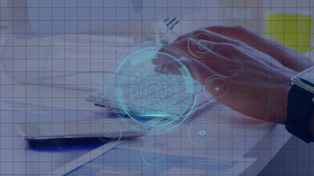 Tech pro hands typing while security label appearing and 3D fingerprint forming above keyboard