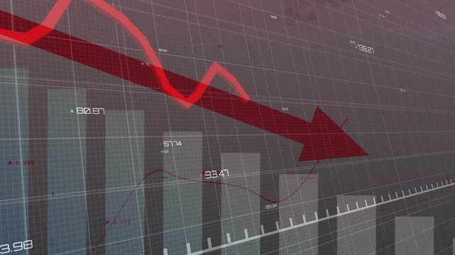 Thick red arrow, jagged red line starting left, waving, peaking mid, falling right, showing decline