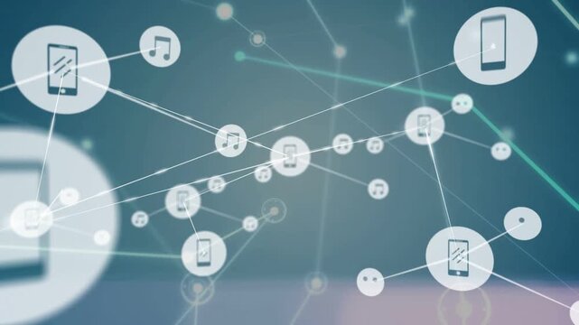 Particle glow sparking phone and music icons moving along lines in virtual space, showing data flow