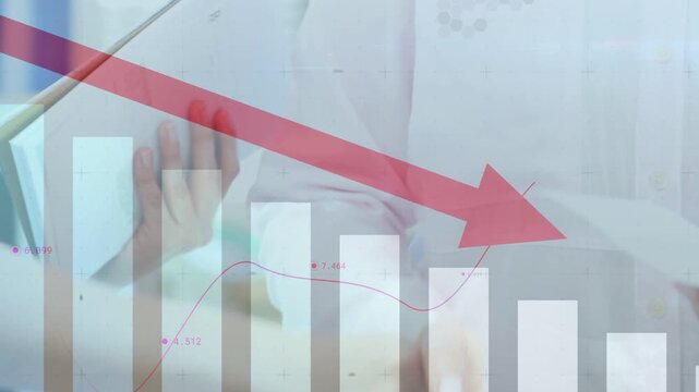 Medical staff handing charts, clinician writing on tablet, bar chart overlaying, red arrow dropping