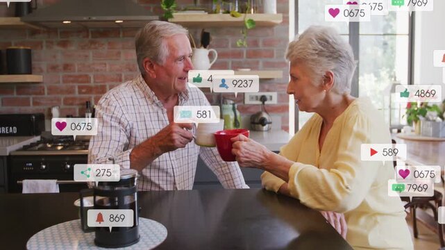 Couple at counter sharing coffee, tapping mugs while incoming marketing badges layering
