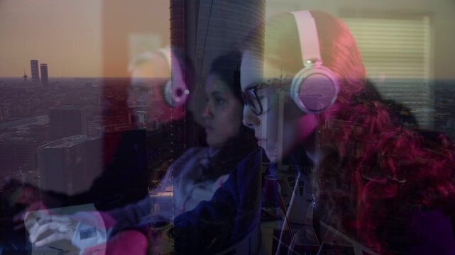 Overlay shifting closer right side woman with headphones, glasses typing, leaning, focusing on code