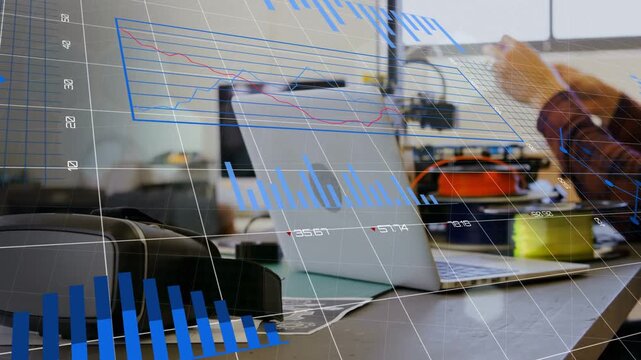 Tech tapping phone, inspecting component for prototyping by 3D printer, AR charts overlaying desk