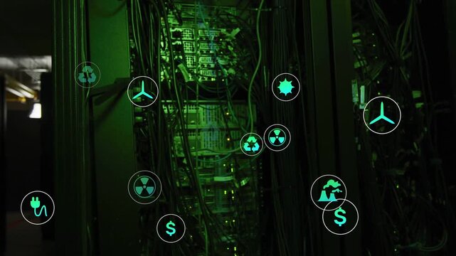 Server rack holding in DC, frame starting spawning icons floating showing plug dollar CO metrics