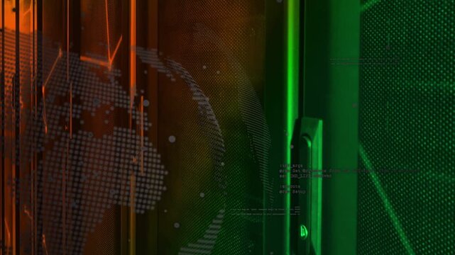 Green pulse initiating network flow toward dotted globe while orange streaks forming tech visual