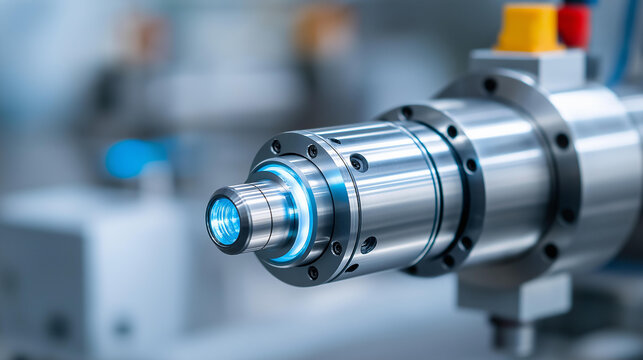 Close-up of an industrial sensor with a blue LED light on a motor casing, industrial automation and electronics concept, defocused background, with copy space
