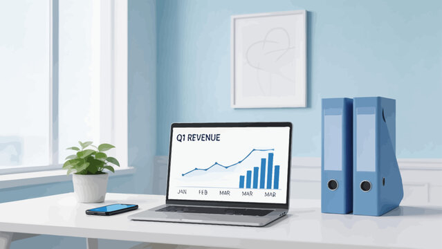 Office desk with laptop displaying revenue chart