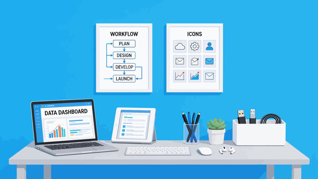 Office desk with tech and workflow posters