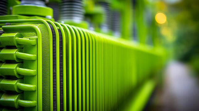 Green metal fins of a radiator surface from a large electrical transformer at a substation, industrial cooling component and high voltage equipment texture concept, defocused