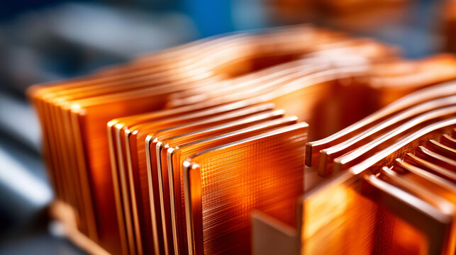 Close-up of copper heat sink fins, thermal management hardware and precision engineering concept, defocused background, with copy space