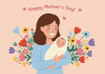 Obraz premium Mother embracing newborn with floral background for mother's day celebration
