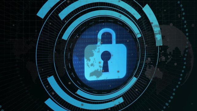 Animating cyan rings revealing blue padlock icon at digital grid world map, security theme