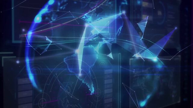 Incoming stream starting nodes linking into rotating holo globe over transparent HUDs for analytics