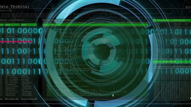 Rotating cyan arcs causing terminal fading, HUD rings expanding, binary streams for security