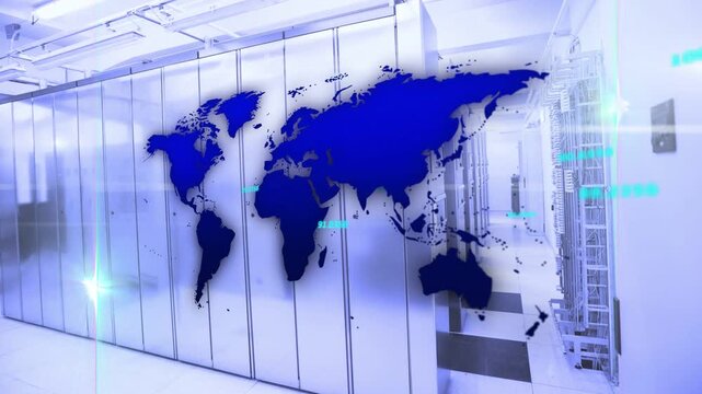 Camera dollying right while blue map pulsing over data center racks, cyan labels showing data flow