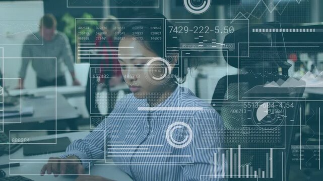 Woman typing on keyboard and scanning screen, causing tech HUD charts overlaying scene for analysis