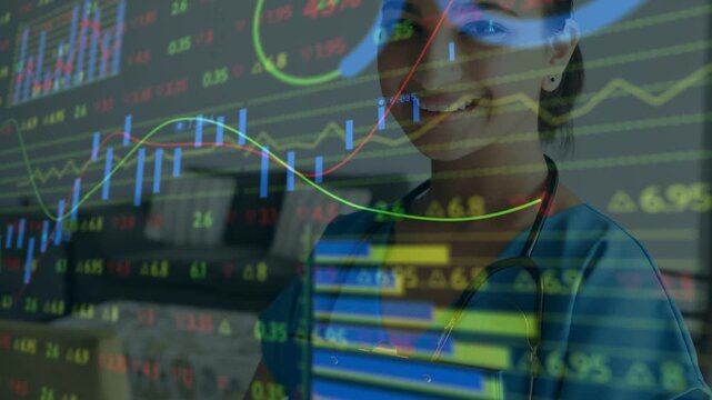 Female doctor uncrossing arms and smiling as camera zooms, presenting healthcare finance charts