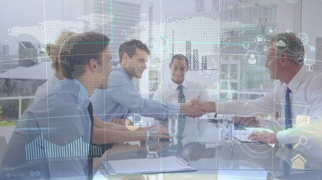 Business team negotiating deal at glass table, left member reaching handshake, HUD charts aligning