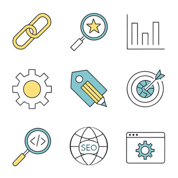 Collection of seo and web development icons including link, star, bar chart, gear, pencil, target, magnifying glass, globe, and browser window