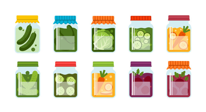 A colorful vector illustration of various mason jars filled with food