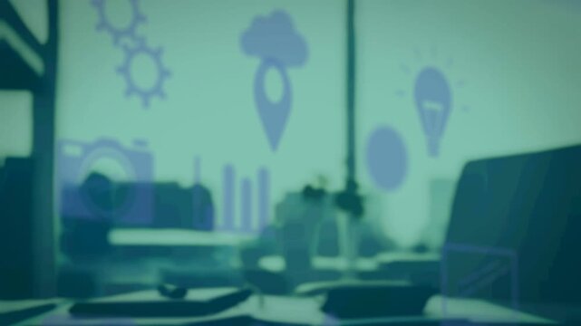 Tech UI glyphs fading into view over soft desk, clustering near plant, tray, showing connectivity