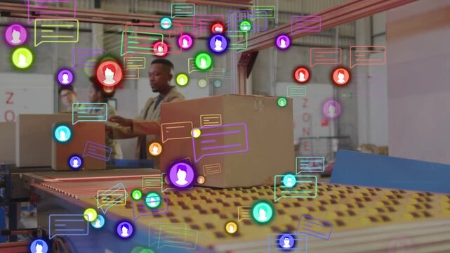 Packers placing boxes on conveyor, icons appearing and cascading over box while processing orders