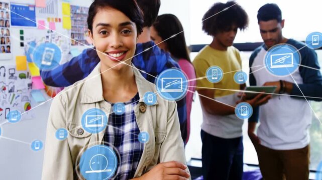 Design lead uncrossing while team tapping tablet activating blue network icons mapping connectivity