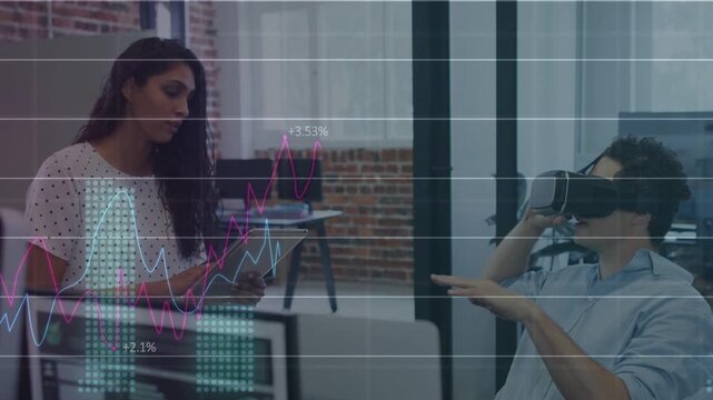 Woman tapping tablet, man using VR headset overlaying data grid and rising charts validating growth