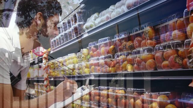 Clerk approaching produce, checking quality noting clipboard while tree overlay and bars persisting