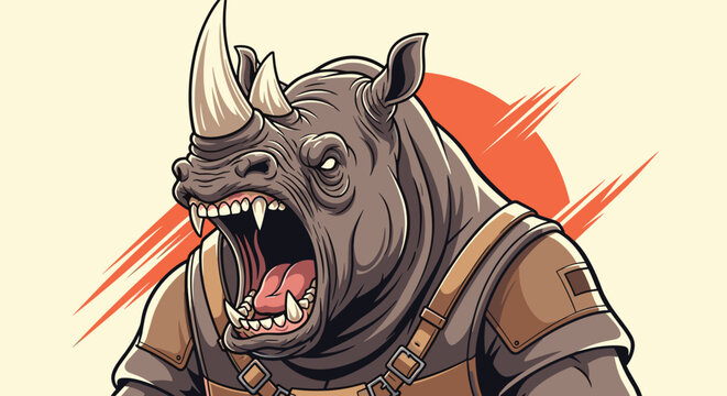 Fierce rhinoceros character wearing protective armor and roaring with its mouth wide open against a dynamic red and white background.