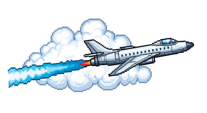 Pixel Art Jet Plane Soaring Through Clouds.