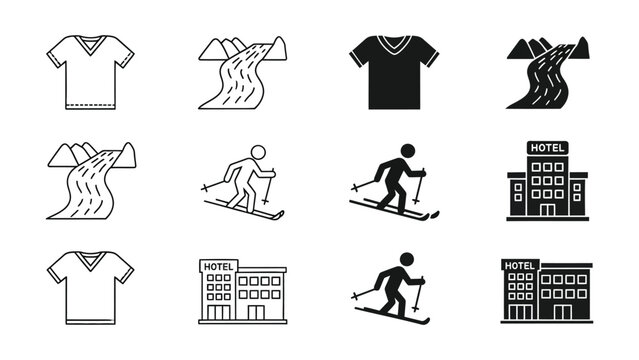 Iconic symbols representing winter sports, clothing, and accommodations