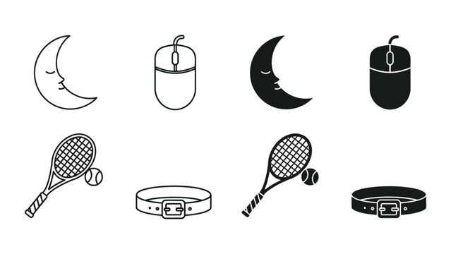 Contrasting icons of night, tech, sports, and accessories in black and white