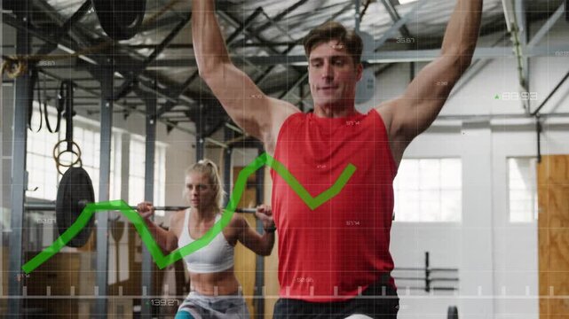 Male  and  female athletes lunging then pressing bar overhead for fitness, green chart overlay track