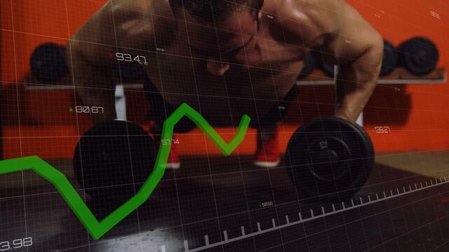 Male athlete assuming plank on dumbbells, lowering and rowing while green line tracking fitness