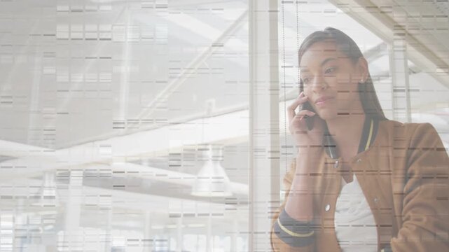 Woman checking smartphone, initiating business call, gazing by glass atrium, scanlines overlaying