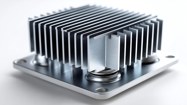 Aluminum heat sink with cooling fins as an electronic component thermal management product on a white background, hardware concept, with copy space