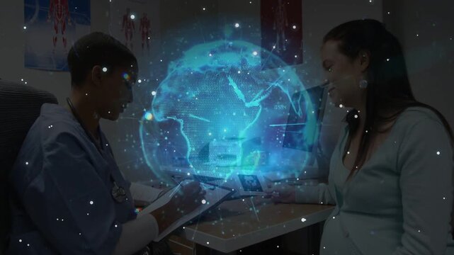 Hologram popping between doctor and patient morphing into globe while doctor noting prenatal info