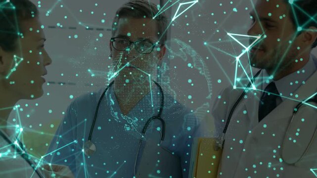 Three med staff standing in ward, left gesturing activating teal globe aligning on specs consulting