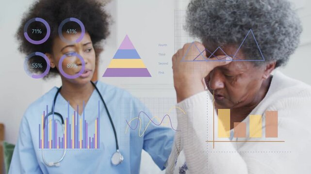 Patient holding head, healthcare provider leaning, placing hand to reassure while charts over scene