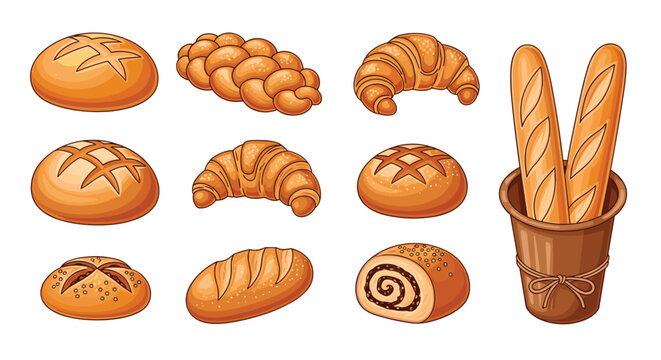 Assorted collection of freshly baked bread types including loaves, baguettes, croissants, and rolls arranged for bakery shop display theme.