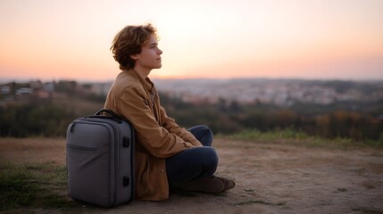 Fototapeta premium A contemplative figure rests by their luggage gazing over a vast city panorama illuminated by the soft glow of sunset