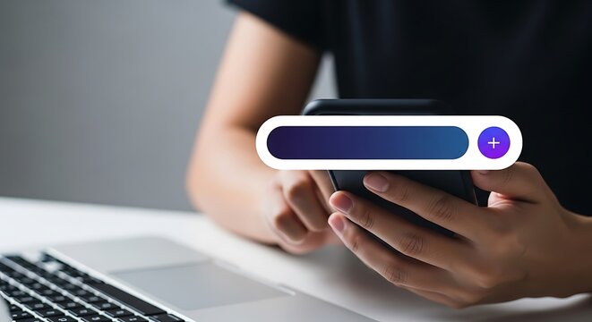 Person using mobile phone to interact with search bar and plus icon for adding new content or information on digital application.