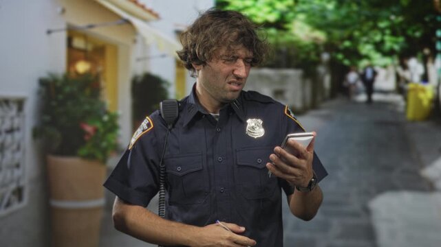 Man police officer in uniform writing in a small notebook while holding a pen on a narrow pedestrian street; concern duty.